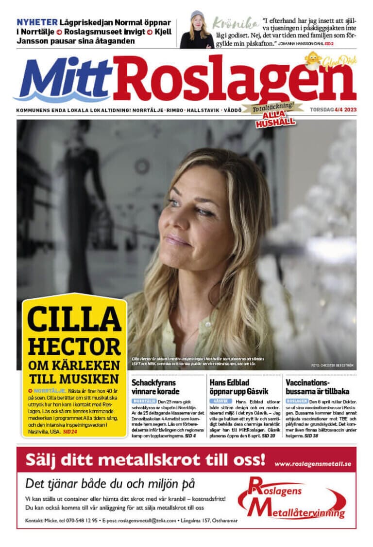 Mitt Roslagens första sida med en leende kvinna med långt blont hår. Rubriken lyder "Cilla Hector: Om kärleken till musiken." Ytterligare rubriker täcker lokala nyheter och metallåtervinningsannonser längst ner. Upplaga daterad TORSDAG, APRIL 2023.