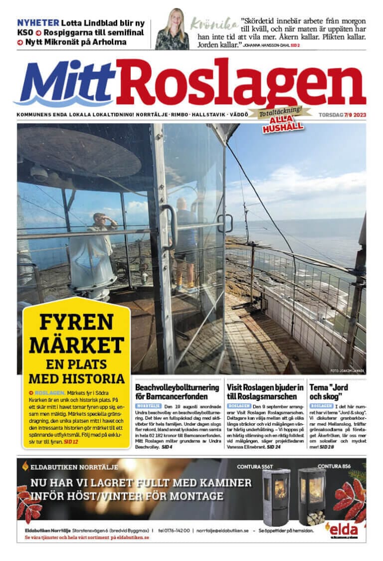 Mitt Roslagens förstasida presenterar en fyr med glaspaneler med utsikt över havet. Vid sidan av rubriker och artiklar om lokala nyheter, historiska platser och evenemang finns det också ett inslag på en "Automatiskt utkast". Datumet är torsdagen den 7 september 2023.