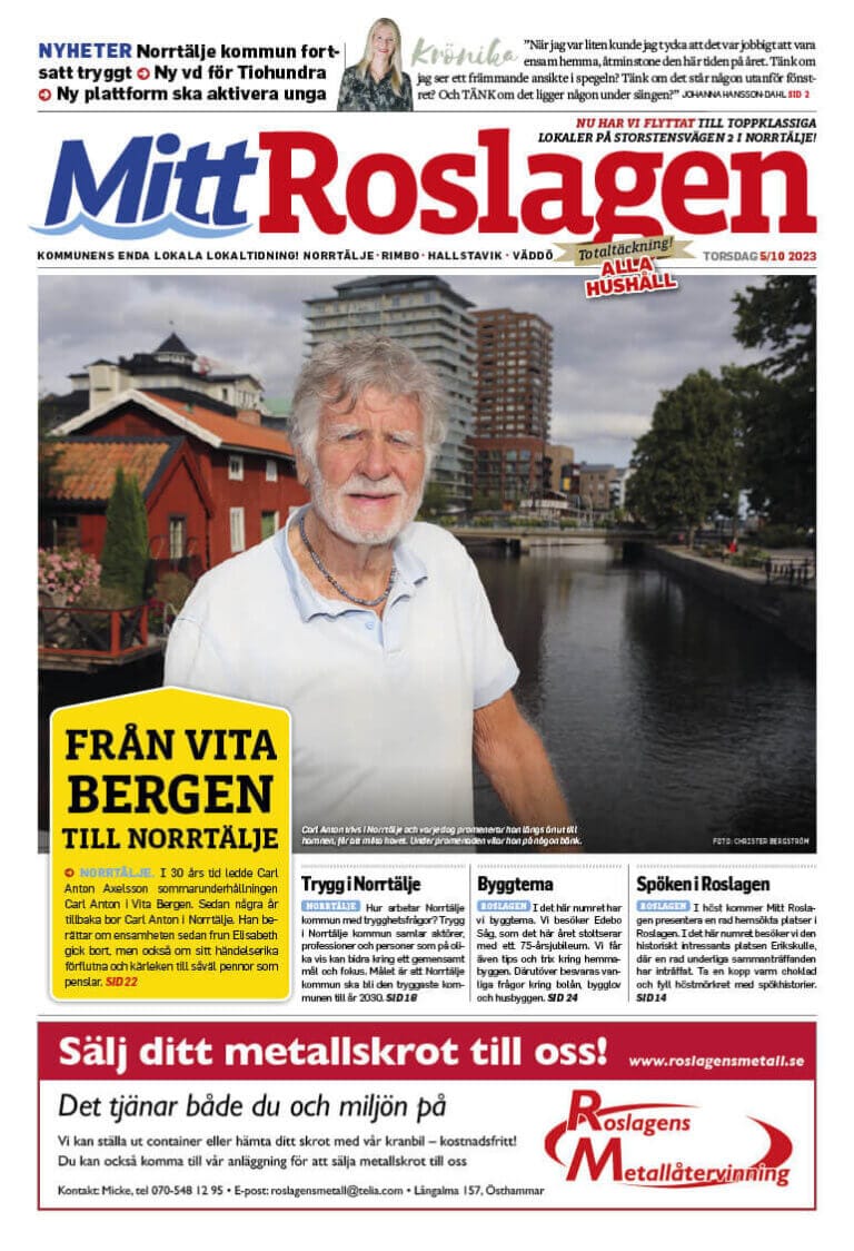 Framsidan av en svensk tidning med en skäggig man med vitt hår som står vid en kanal. Rubriken lyder "Från Vita Bergen till Norrtälje", daterad TORSDAG, 5 oktober 2023. Olika artiklar och annonser visas.