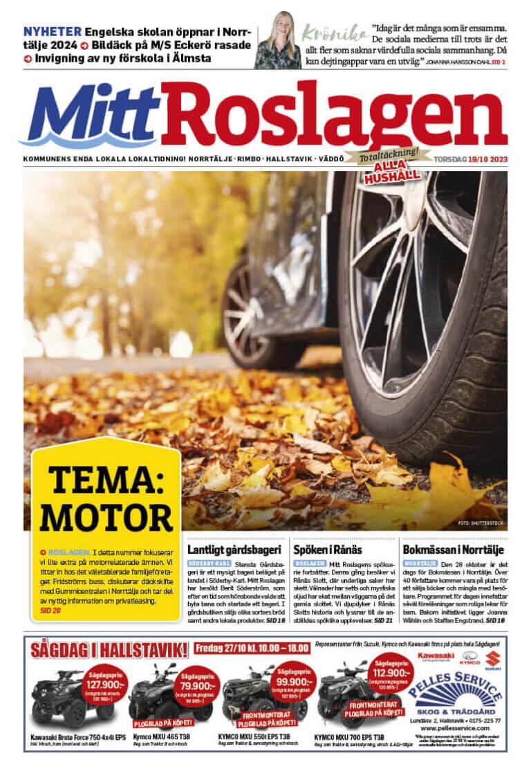 Mitt Roslagens första sida, daterad TORSDAG, FEB 2023, med ett avsnitt om bilar med närbild av ett däck. Rubriker lyfter fram lokala nyheter, inklusive skol- och butiksuppdateringar. Layouten innehåller text, bilder och annonser längst ner.
