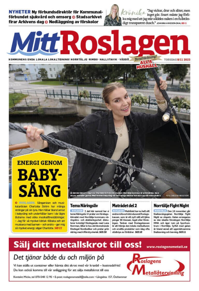 En kvinna ler medan hon håller en planta i en svart kruka. Tidskriftsomslaget, daterat TORSDAG, 18 FEB 2023, har rubriker på svenska runt bilden, med fokus på samhällsnyheter och evenemang.