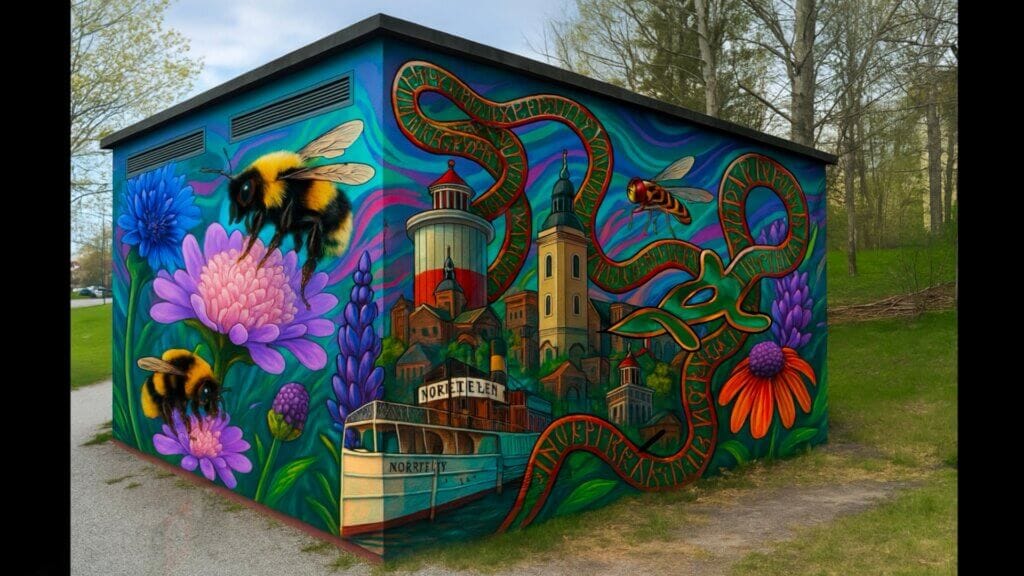 En nätstation i Norrtälje är målad med levande konstverk - bin, blommor, en Norfleet-båt och byggnader - sammanflätade av ett rött textband, allt mot grönskan i en park med träd.