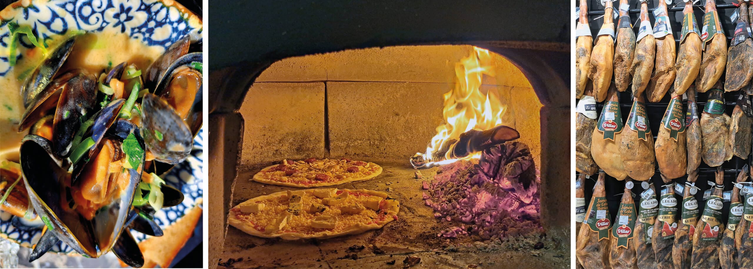 Ett collage visar en närbild av musslor i en skål, pizzor som gräddas i en vedeldad ugn och rader av hängande charkuterier med etiketter - en hyllning till det bästa av vin och mat i en livlig butik eller deli.