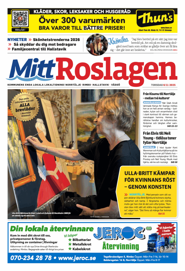 En kvinna med kort hår och glasögon målar på en duk inomhus, med palett i handen och djupt fokuserad. Scenen återfinns på framsidan av en svensk dagstidning daterad 20 NOVEMBER, TORSDAG, tillsammans med olika rubriker och annonser.