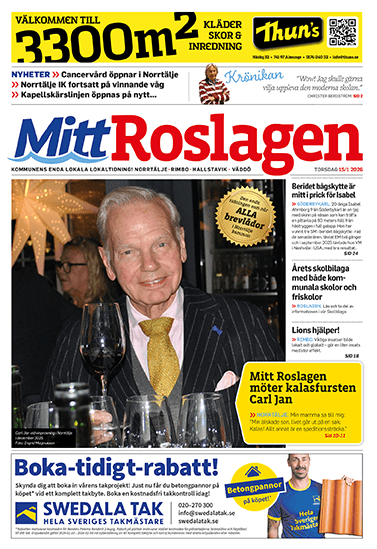 En tidningsframsida med titeln "Mitt Roslagen" visar en man i kostym som ler mot kameran. Runt bilden är rubriker och annonser placerade, med text på svenska och olika logotyper och bilder.