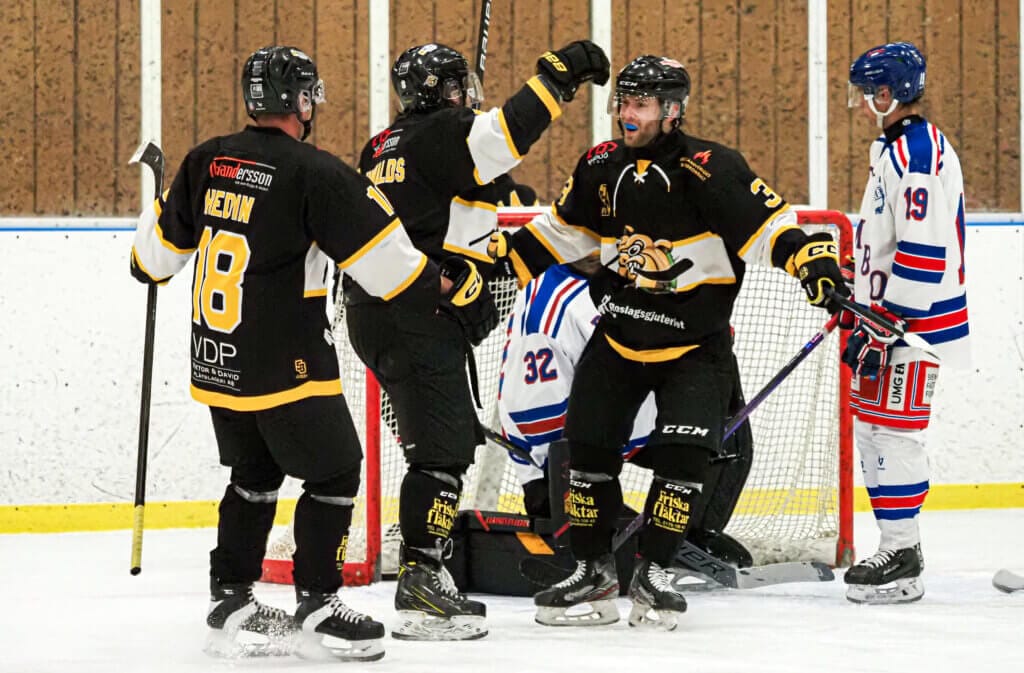 Tre ishockeyspelare i svartgula dräkter firar ett mål nära målburen under ett spännande Hallsta-derby, medan två spelare i vitt, blått och rött tittar på. Scenen fångar den elektriska Folkfest-atmosfären i ishallen.