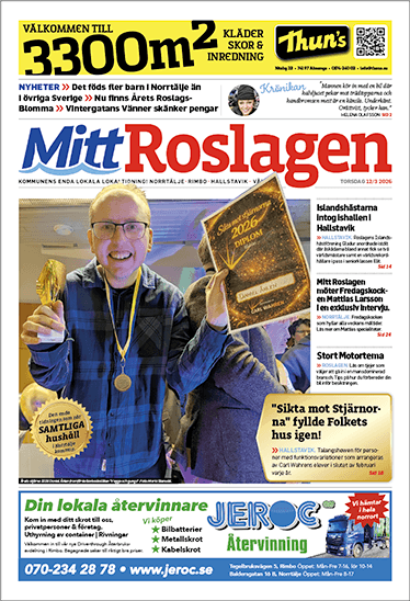 En man som håller i en pokal och gör tummen upp pryder Mitt Roslagens förstasida. Sidan innehåller rubriker, artiklar och annonser på svenska.