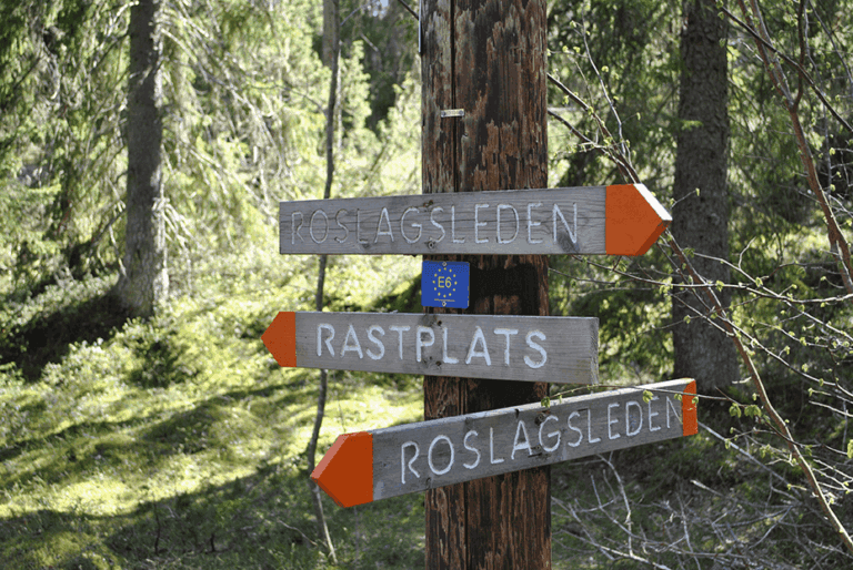 Tre ledskyltar i trä med orange spetsar är fästa på en stolpe i en skog. På skyltarna står det "Roslagsleden", "Rastplats" och "Roslagsleden". Träd och grönska syns i bakgrunden.