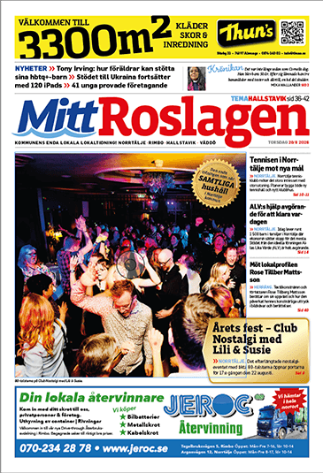Framsidan av en svensk tidning som heter Mitt Roslagen. Huvudbilden visar människor som dansar på en fest. Nyhetsrubriker och annonser finns runt bilden; texten är till största delen på svenska.