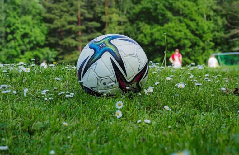 En fotboll ligger på gräset, omgiven av små vita blommor, redo för en livlig match i division 3. I den suddiga bakgrunden syns människor – kanske spelare från Roslagsbro – med gröna träd bakom sig.