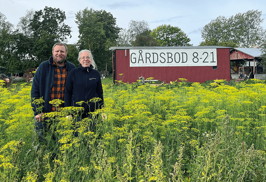 Två personer står på en äng med gula blommor framför en röd byggnad med en skylt där det står ”Gårdsbod 8–21”. I bakgrunden syns träd och andra gårdsbyggnader.