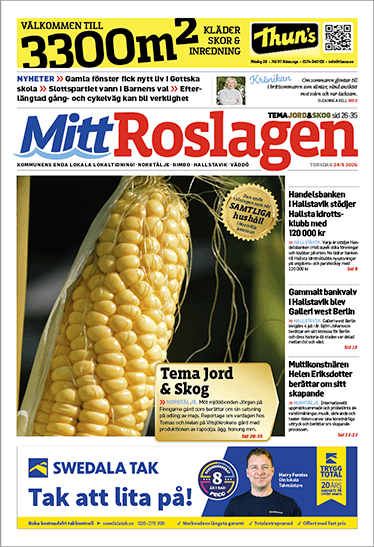 Framsidan av tidningen ”Mitt Roslagen” med en närbild av en majskolv, rubriker om jordbruk, en gul annons för Swedala Tak längst ner och olika nyhetsartiklar listade på höger sida.
