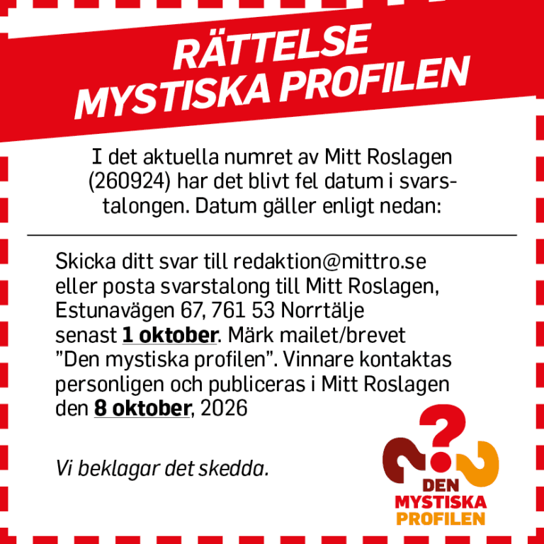 I ett svenskt meddelande rättas datumen för en tidningstävling. Svaren måste skickas in senast den 1 oktober, och vinnaren kontaktas den 8 oktober 2026. Längst ner finns logotypen för ”Den Mystiska Profilen”.