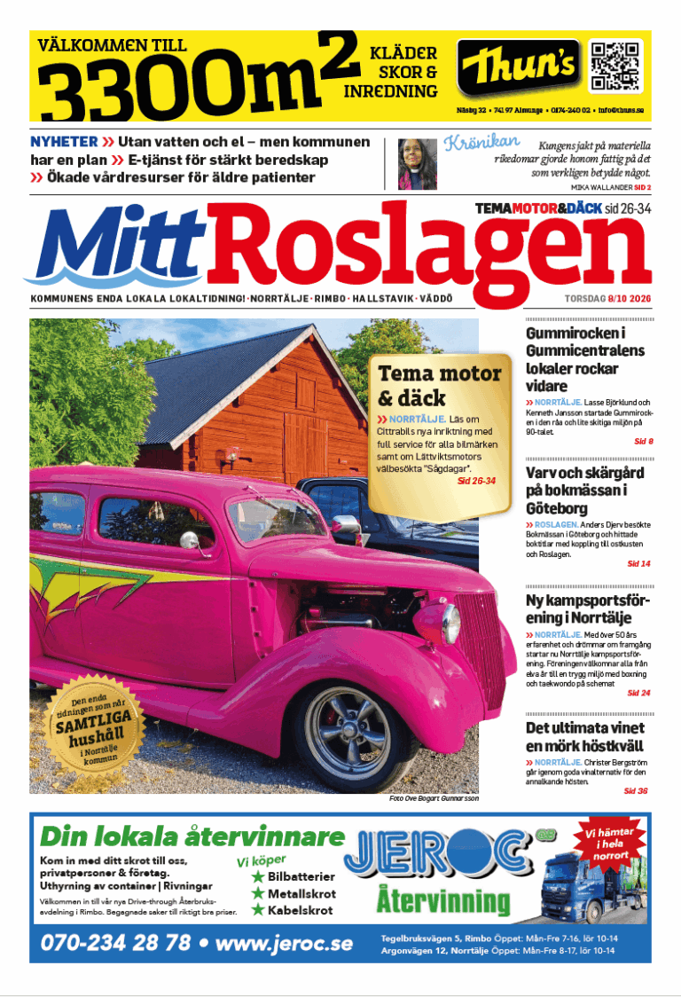 Framsidan av tidningen Mitt Roslagen från den 8 oktober 2026, med en stor bild av en vintagebil i rosa och flera rubriker.