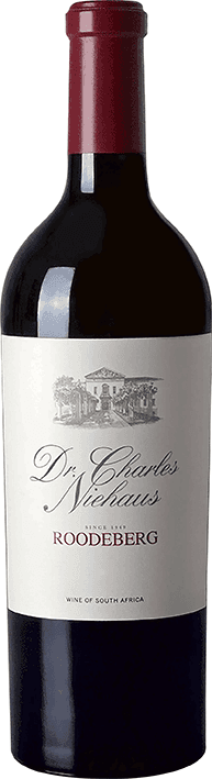 En flaska rött vin av märket Dr. Charles Niehaus Roodeberg från Sydafrika.