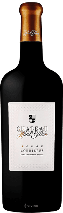 En flaska rött vin av sorten Château Haut Gléon Rouge Corbières.