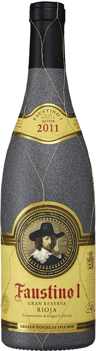 En flaska Faustino I Gran Reserva Rioja 2011, insvept i ett nät av guldtråd.