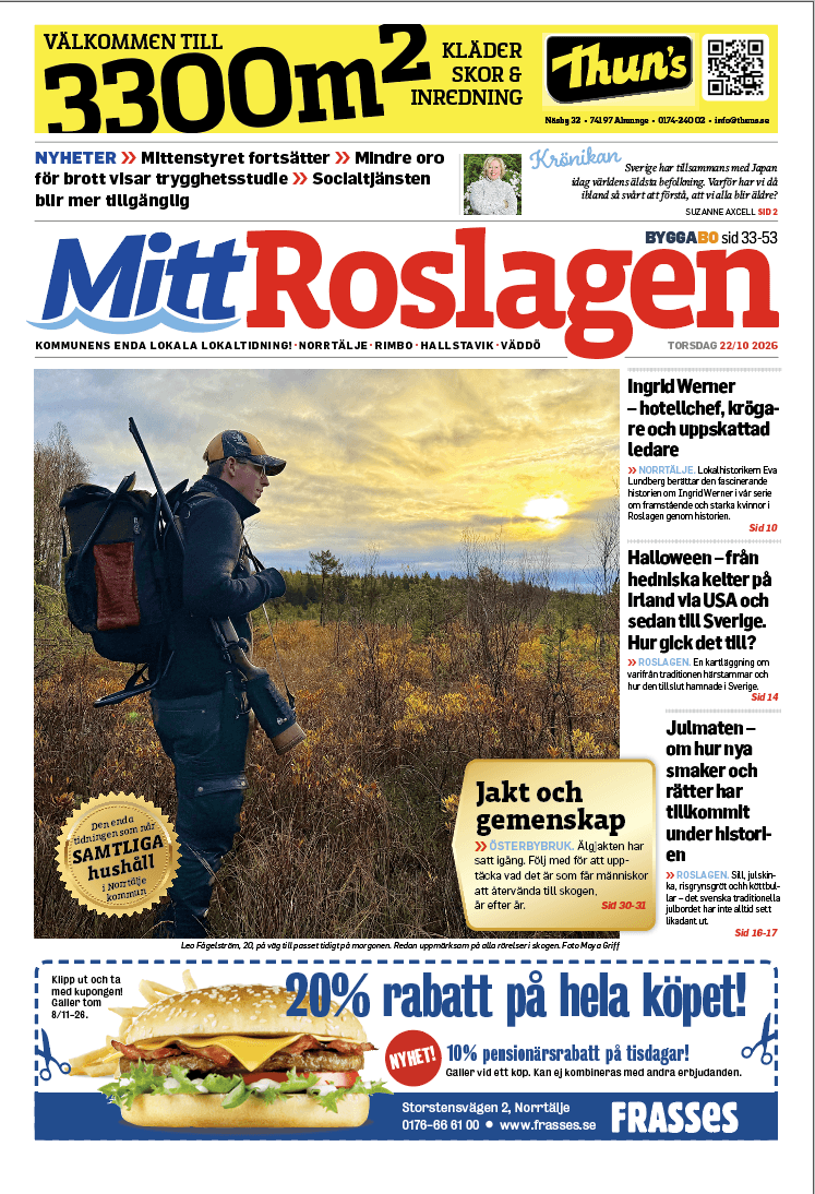 Framsidan av tidningen MittRoslagen från den 20 oktober 2016, med ett foto av en jägare i skogen, olika nyhetsrubriker och en kupong till hamburgerrestaurangen Frasses.